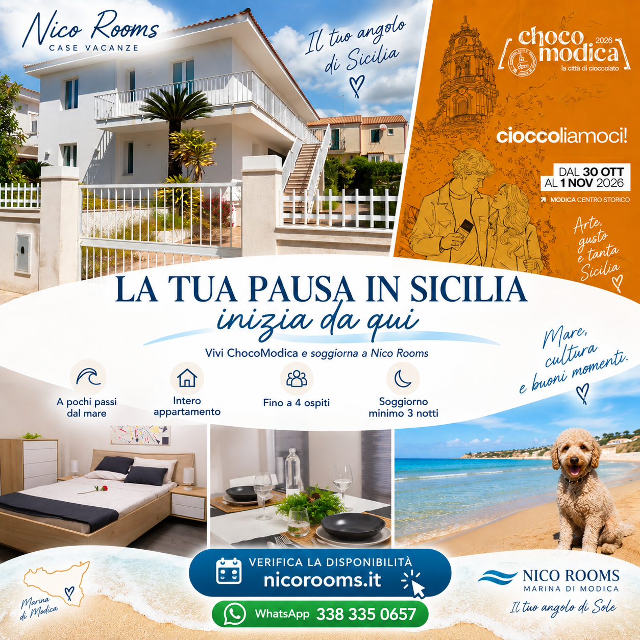 Locandina La tua pausa in Sicilia — Nico Rooms e ChocoModica 2026